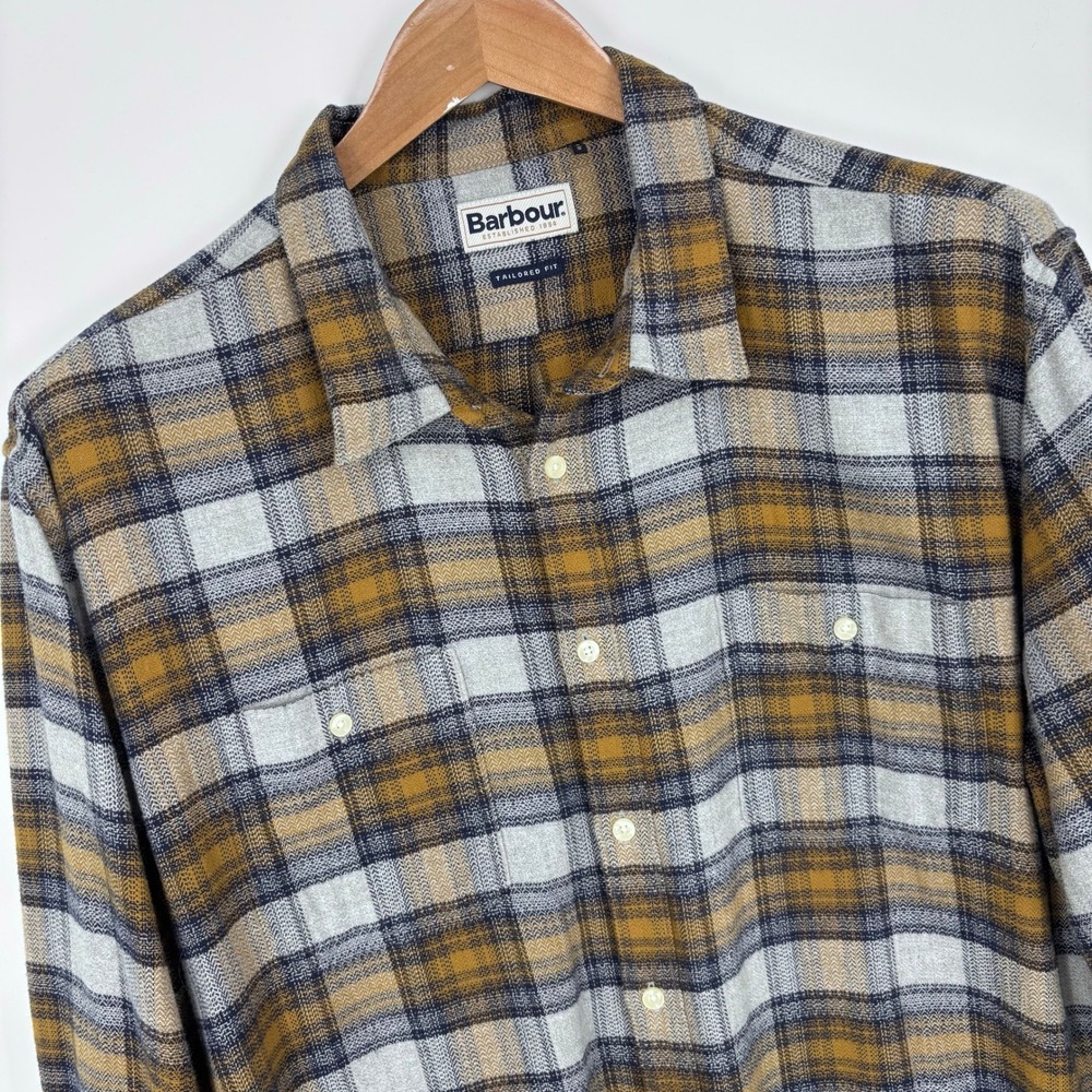 Barbour Flannel Shirt Mens XXL Grey Yellow Blue Tailored Fit Abletown Cotton